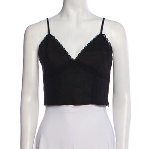 Jason Wu Linen Blend Black Lace Trim Crop Top